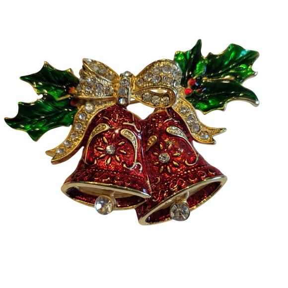 Vintage Christmas Bells Brooch Red Enamel Green Holly Gold Tone Rhinestone Bow - Picture 4 of 11